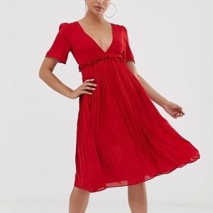 Boohoo Plunge V-Neck Pleated Midi Dress (Red)